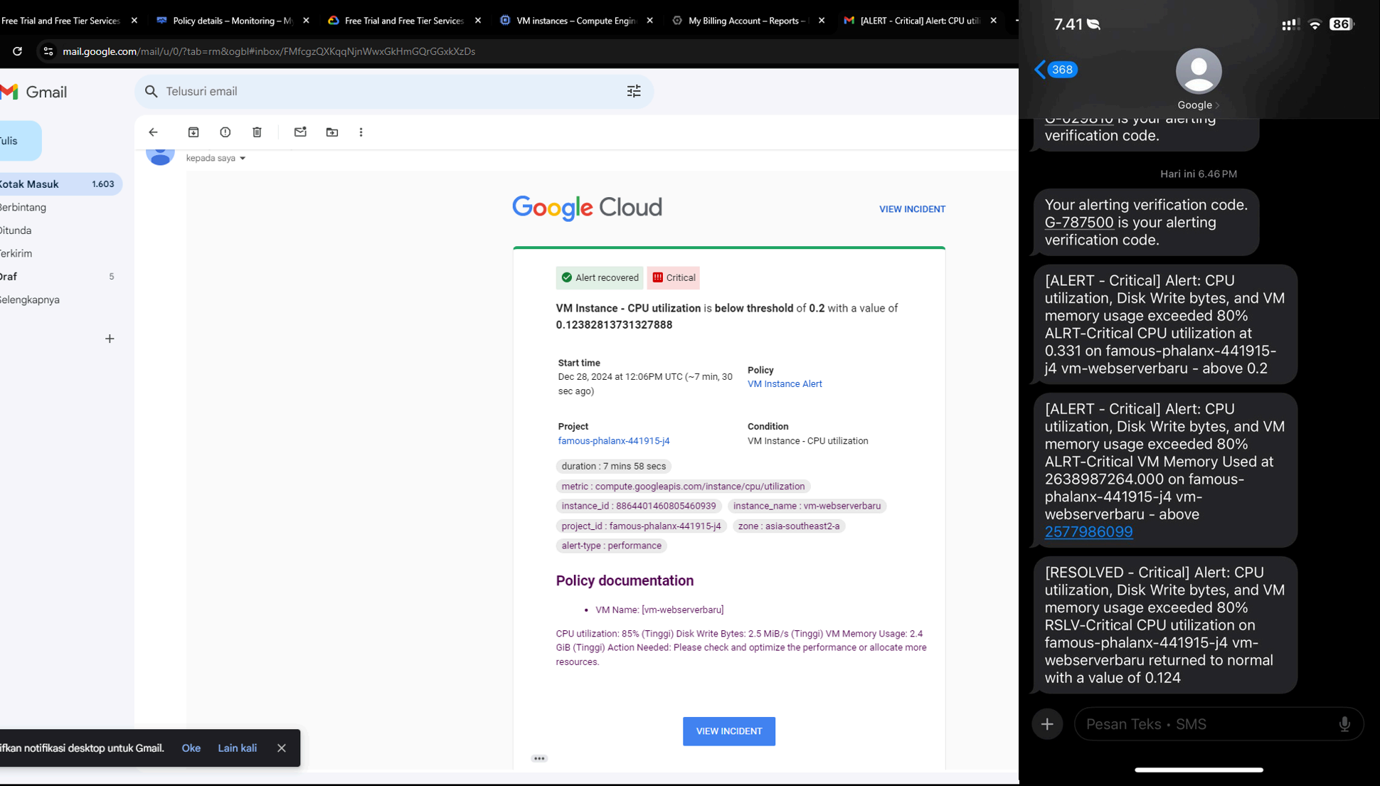 Dashboard Google Cloud Platform untuk VM Instance