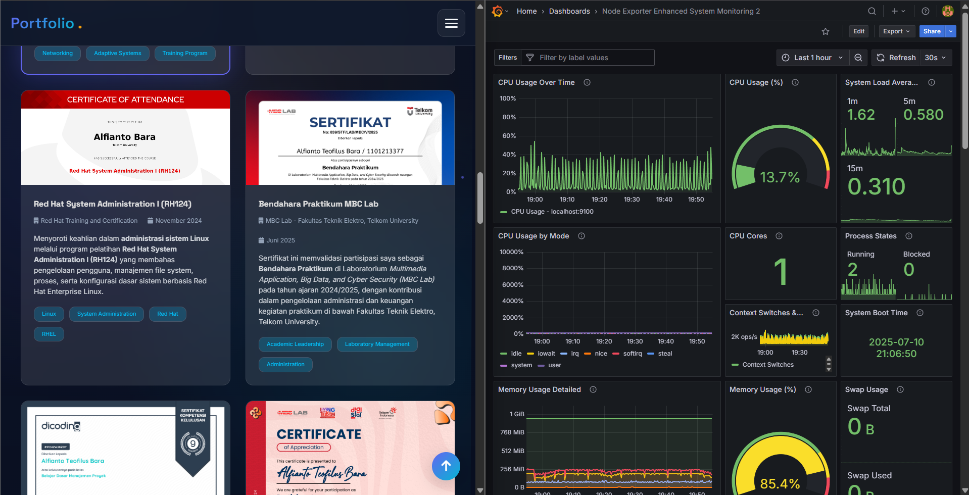 Tampilan dashboard deployment portofolio di AWS EC2