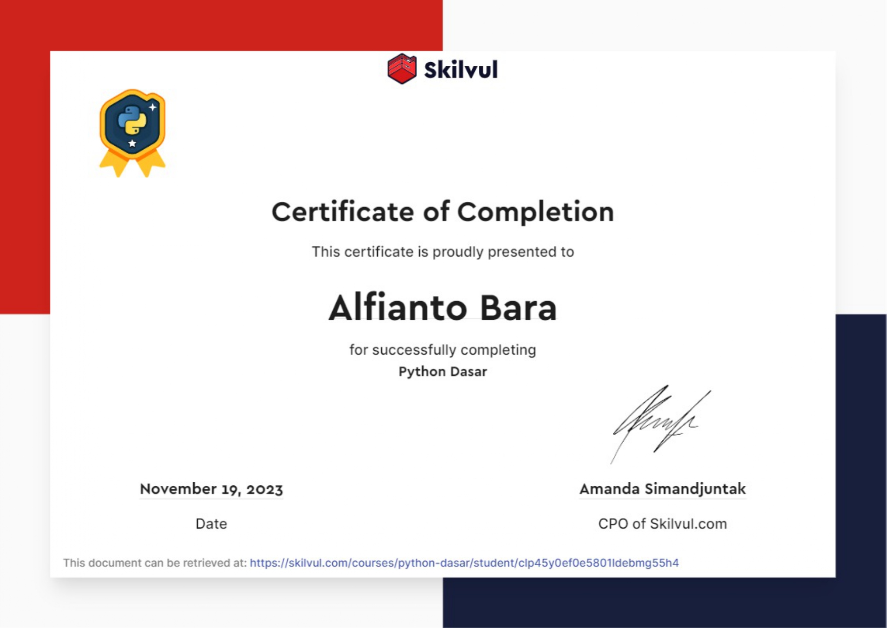 Sertifikat Python Dasar dari Skilvul