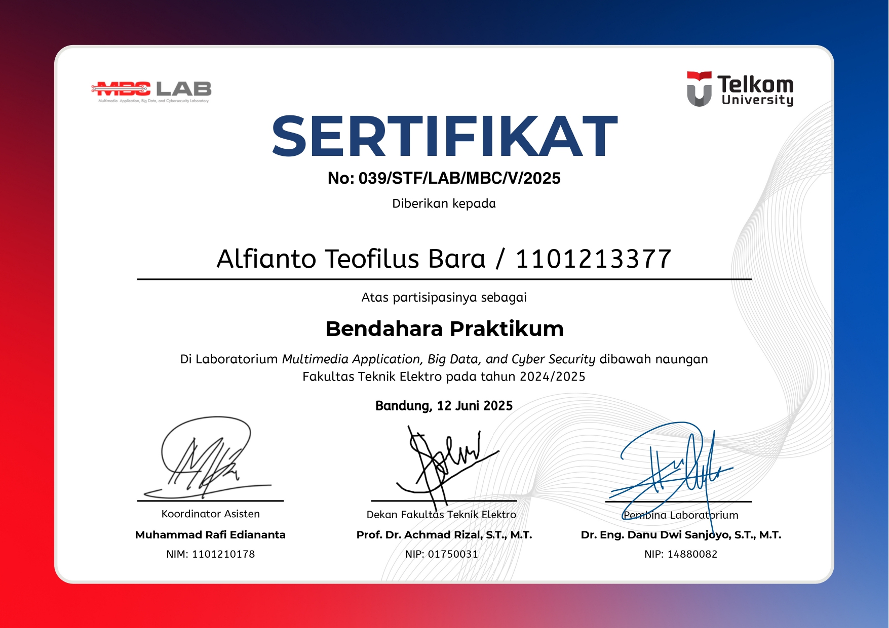 Sertifikat Bendahara Praktikum MBC Lab dari Telkom University