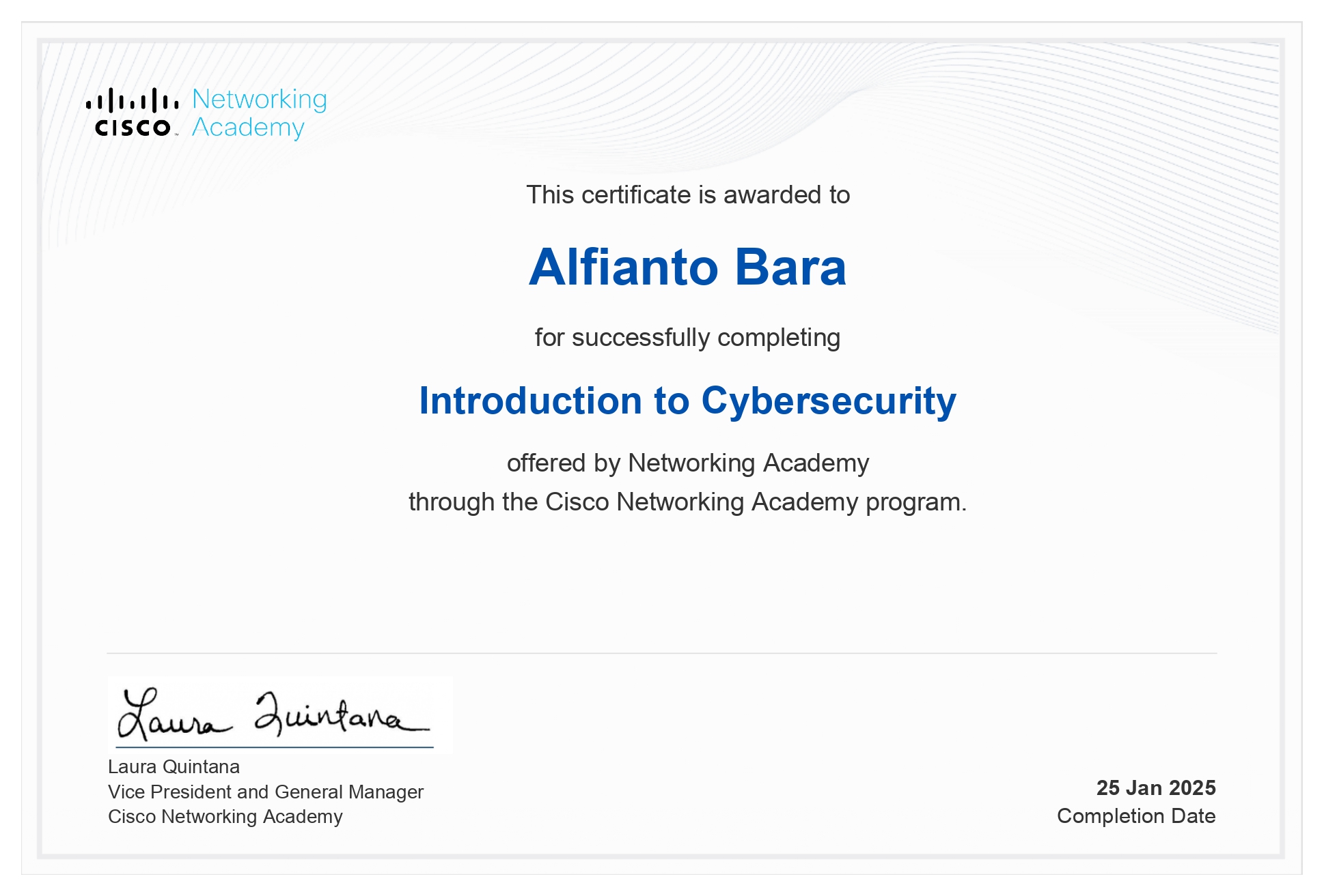Sertifikat Introduction to Cybersecurity dari Cisco